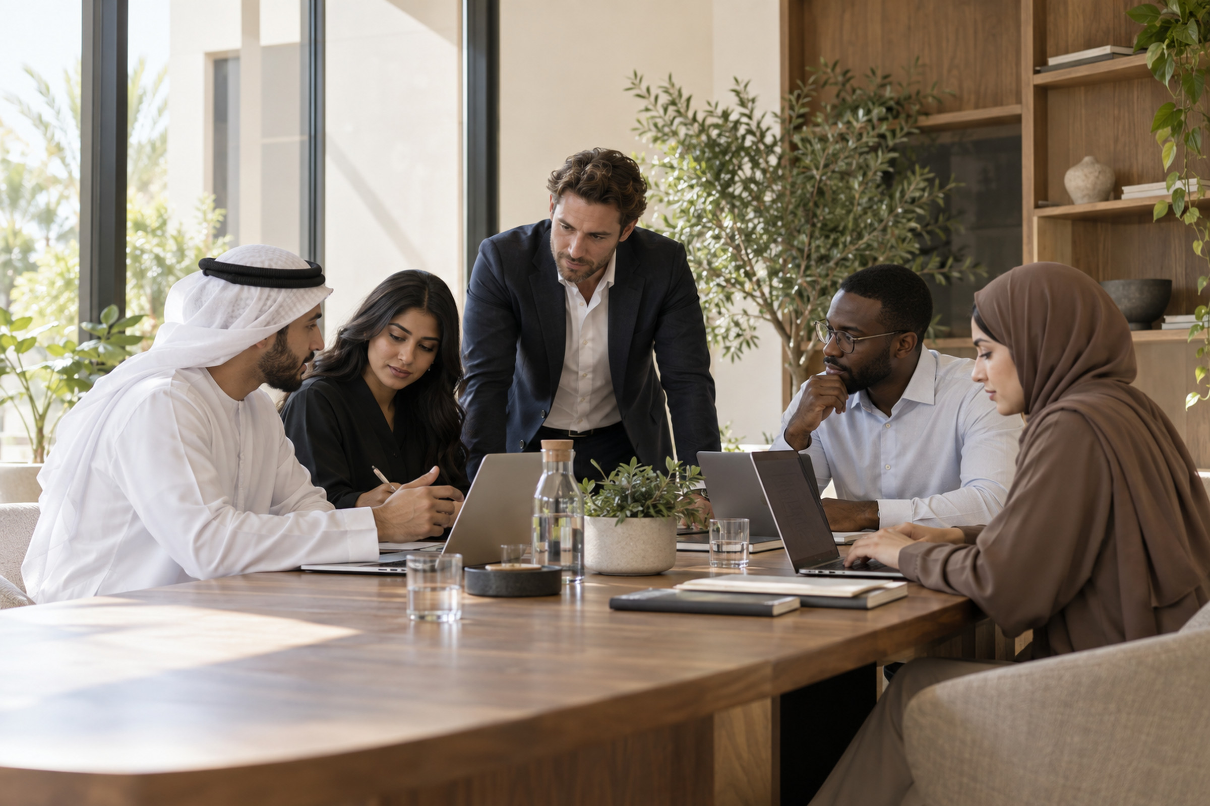 Diverse professionals collaborating around a wooden table in a naturally lit office.