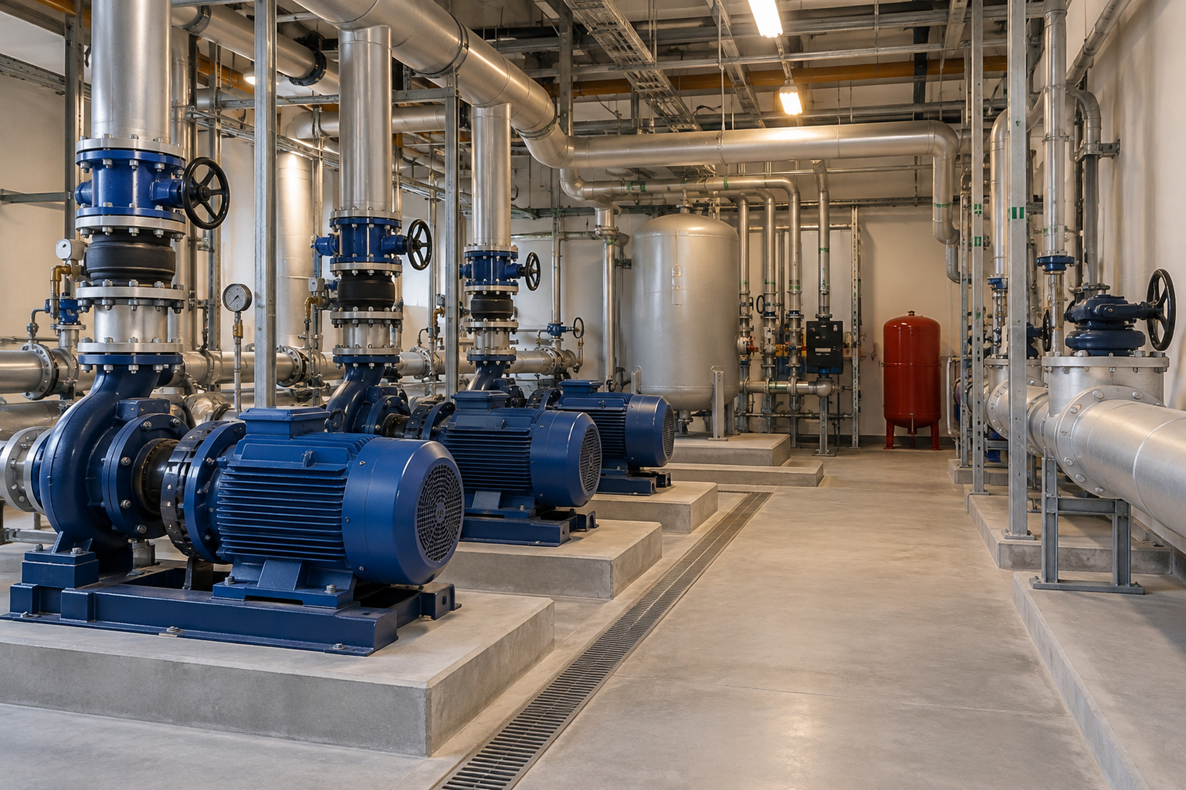 Orderly building plant room with water pumps, valves and neatly routed pipework.
