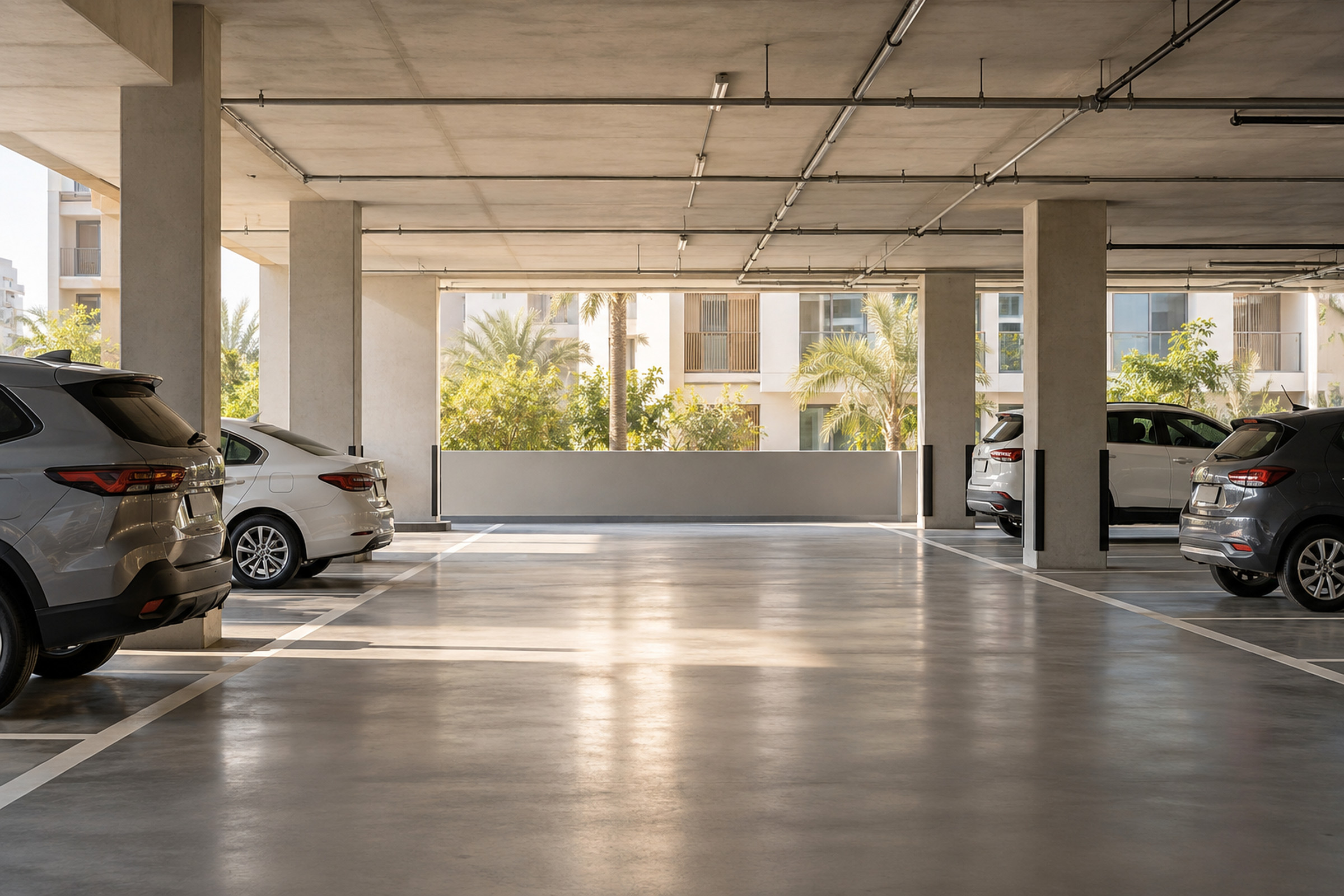 Clean covered residential parking level with ordinary family cars and daylight from open sides.
