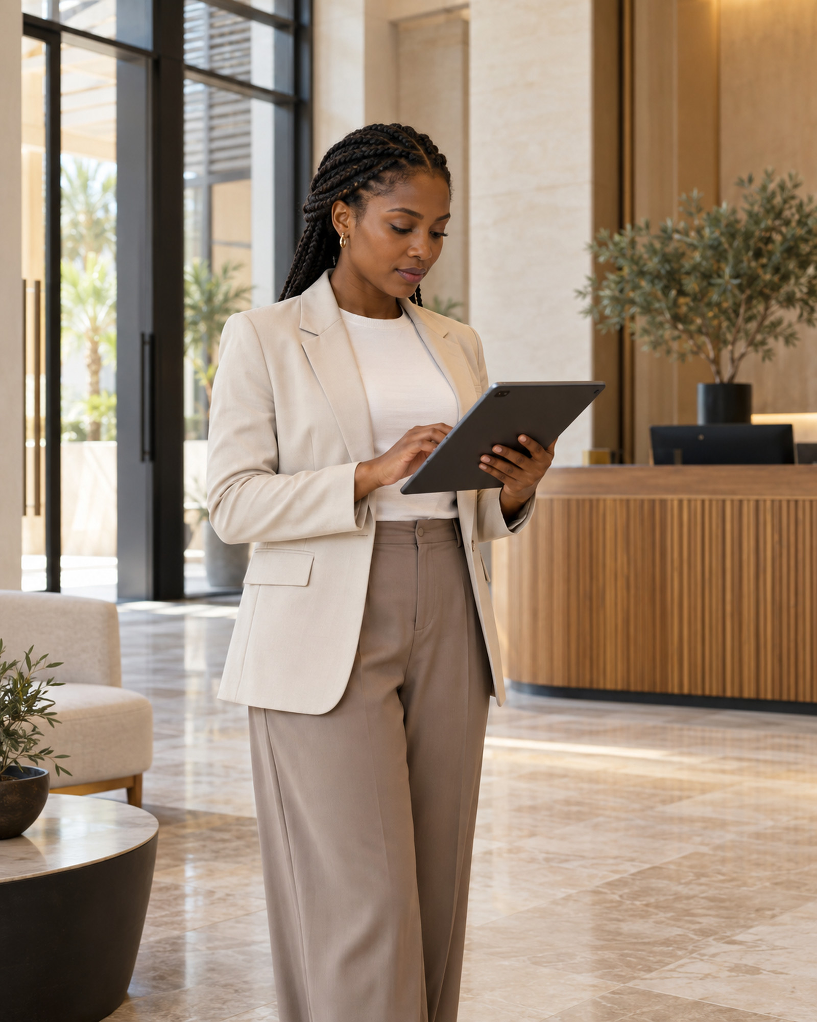 Property manager checking a tablet in a residential lobby with a wooden reception desk.