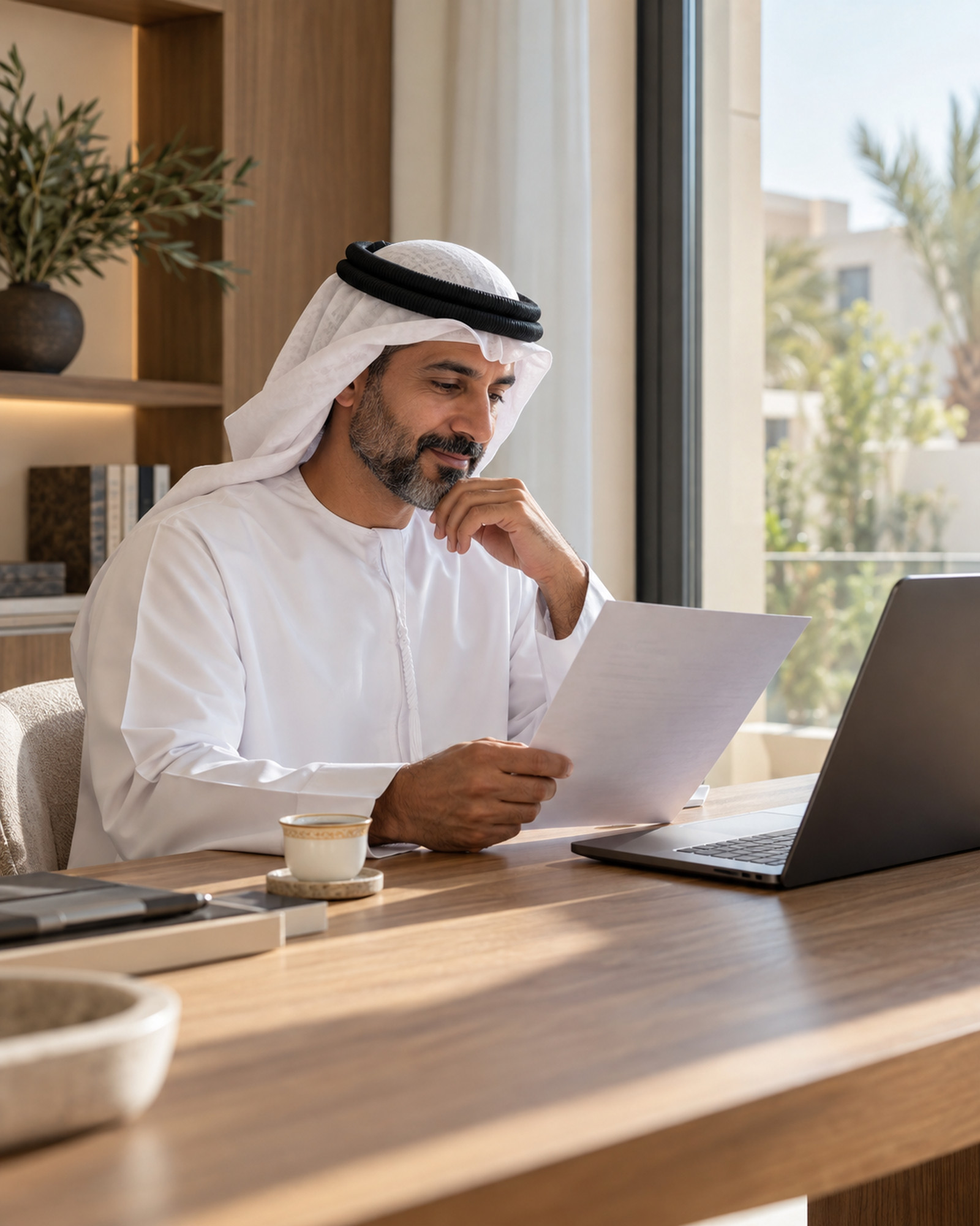 Property owner reviewing a printed statement beside a laptop and Arabic coffee.
