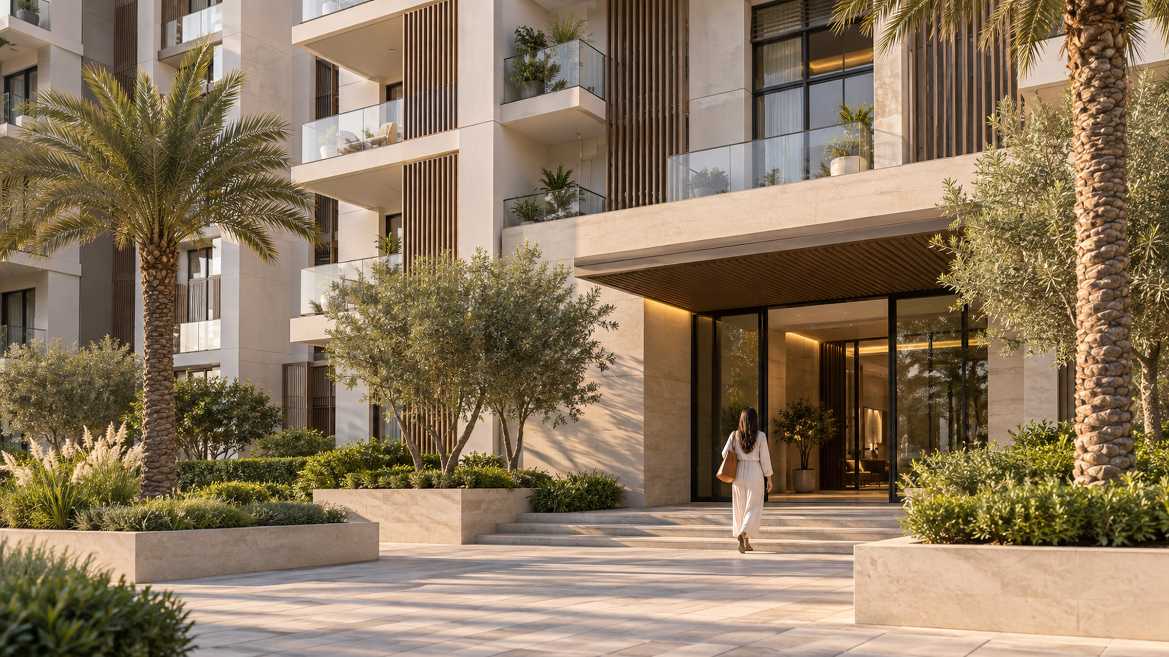 Contemporary residential building with shaded balconies and a landscaped entrance.