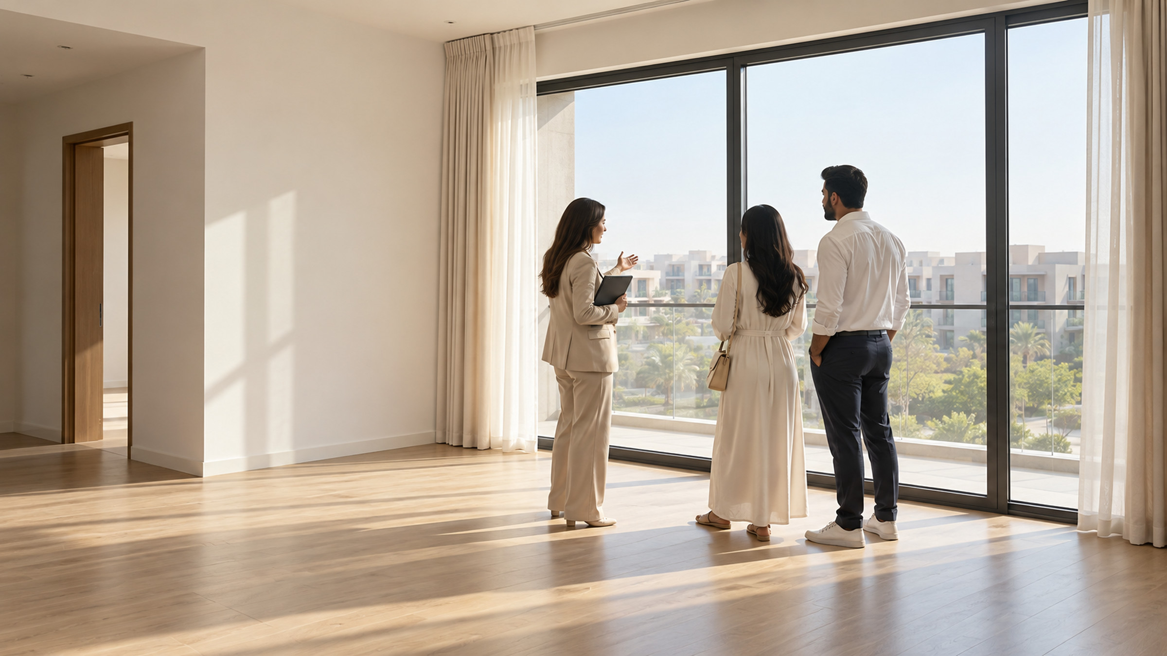Property consultant and a couple viewing a bright apartment beside a large window.
